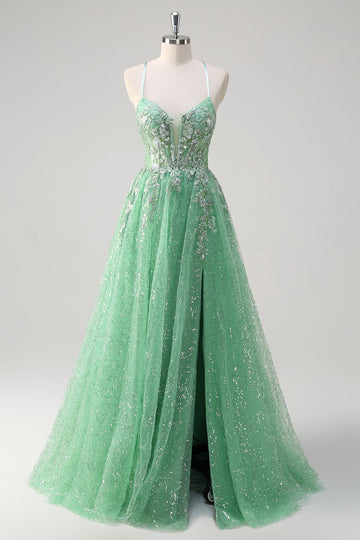 Sparkly verde chiaro una linea di spaghetti spalline corsetto tulle Abito da cerimonia con fessura